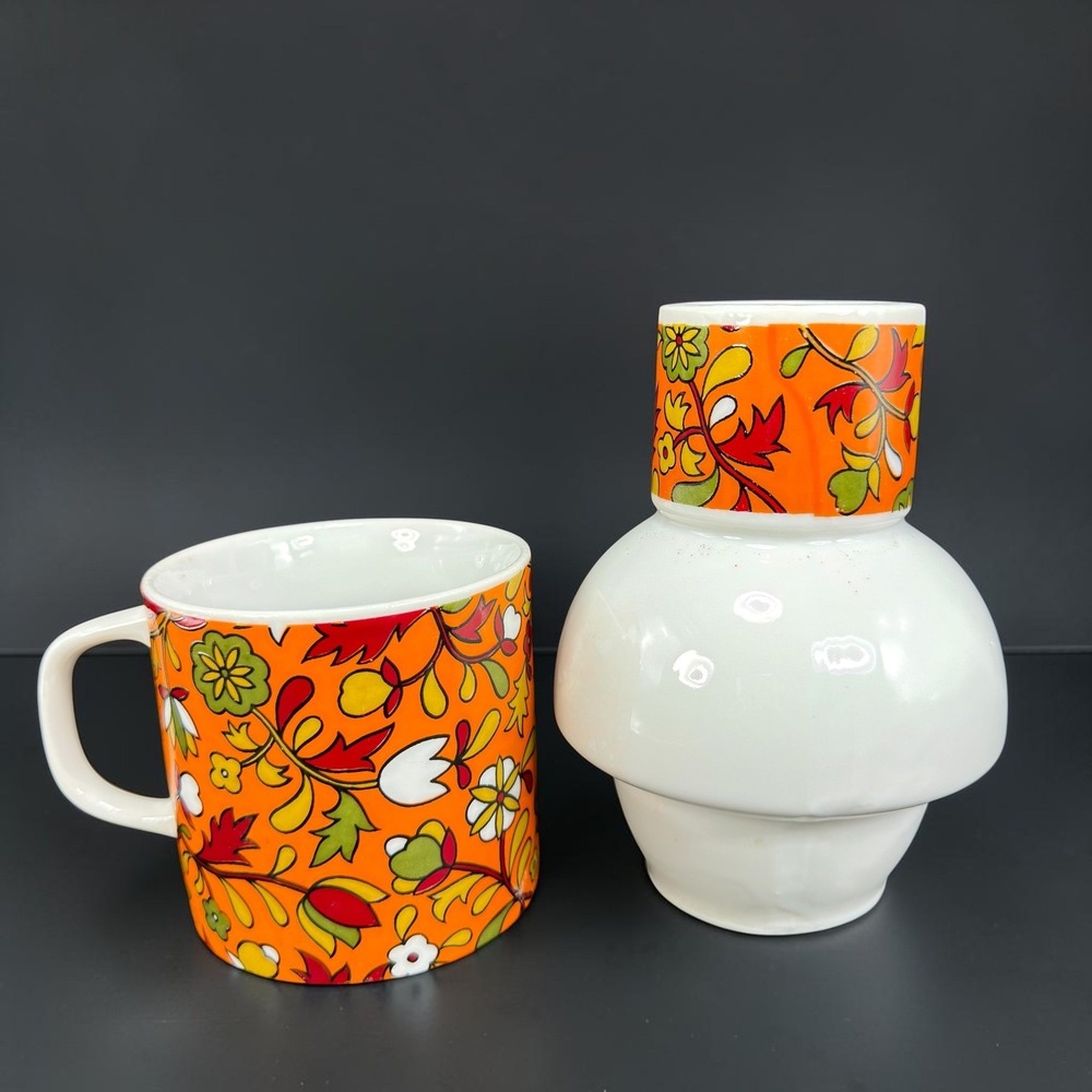 Vintage 1968 Holt Howard 8050 Mug and Vessel Set Orange Psychedelic Floral MCM